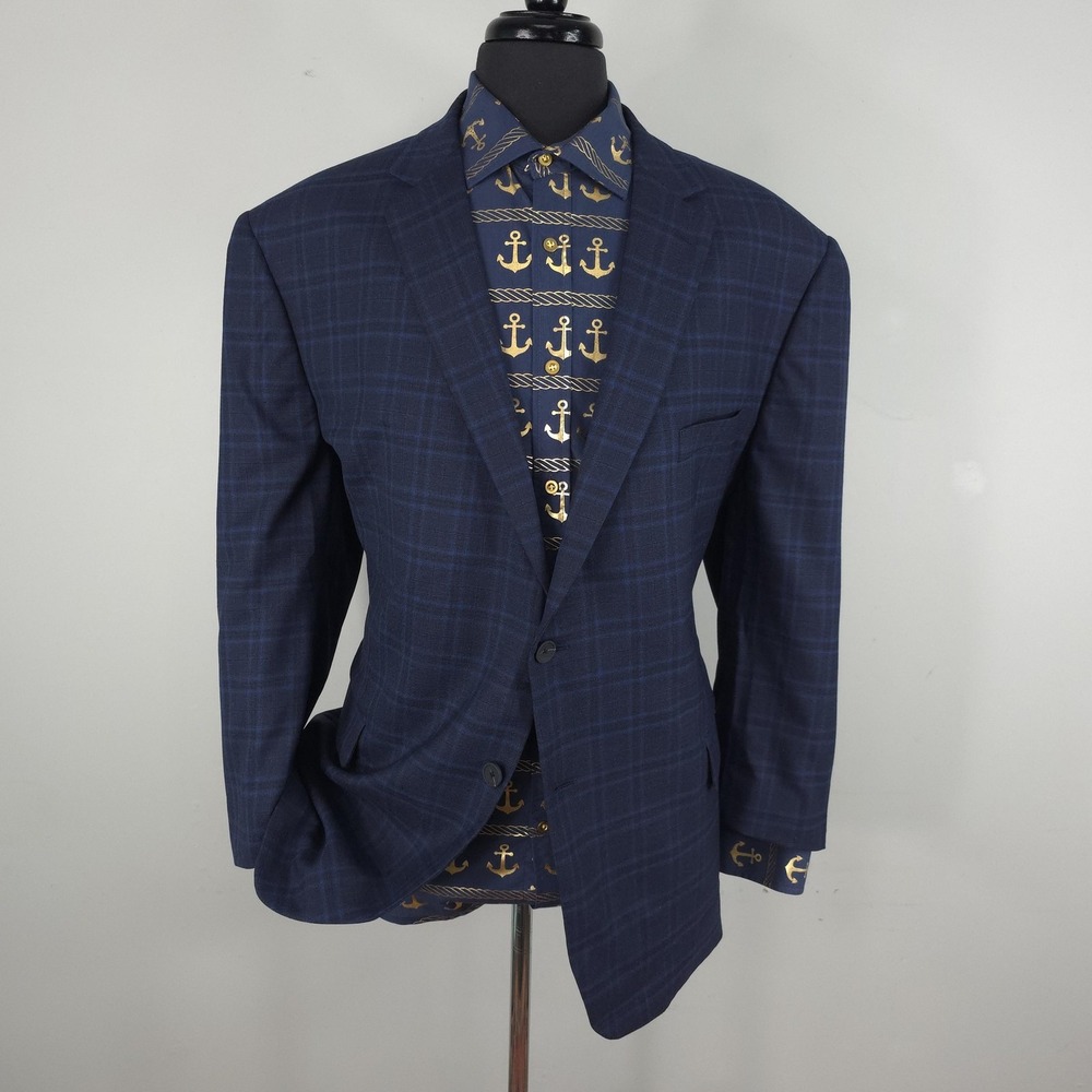 Jos A Bank Blazer Mens 50 Blue Plaid Wool Sport Coat Jacket Traveler CoolMotion